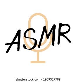 ASMR handwritten lettering on white background with microphone. Podcasting, broadcasting, online radio, interview. Podcast channel logo. Design for posters, T-shirts, banners, print invitations.