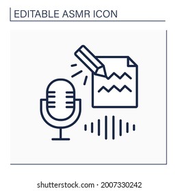 icono de línea ASMR. Grabar en micrófono de alta frecuencia. Sonido de escritura con lápiz sobre papel. Braingasmos. Concepto de tendencia de Internet. Ilustración vectorial aislada. Trazo editable