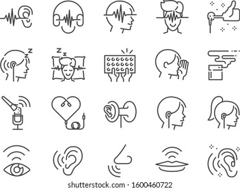 ASMR line icon set. Included icons as relax, relieve, sleep, sound, touch, feeling and more. svg