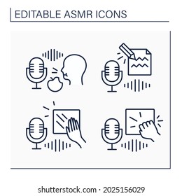 ASMR line icons set. Scratching, knocking, eating food and writing on paper sounds.Modern trends. Internet trend concept. Isolated vector illustration. Editable stroke