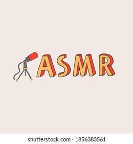 ASMR logo, emblem including microphone recording stimulational and relaxing sounds for good sleep or concentration. Autonomous Sensory Meridian Response lettering in hand drawn cartoon style