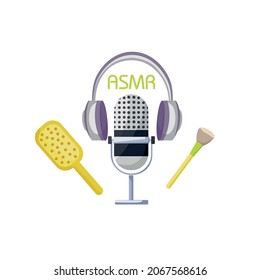 ASMR logo for splash screen. Microphone, headphones, brush and hairbrush as a concept for listening to soothing sounds. Autonomous sensory meridional response.