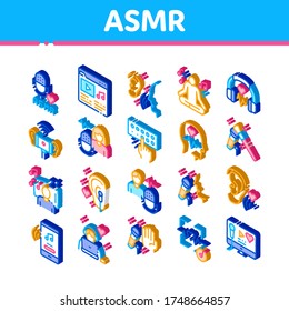 Asmr Sound Phenomenon Collection Icons Set Vector. Asmr Autonomous Sensory Meridian Response, Microphone And Earphones, Music Player Isometric Illustrations