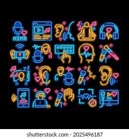 Asmr Sound Phenomenon neon light sign vector. Glowing bright icon  Asmr Autonomous Sensory Meridian Response, Microphone And Earphones, Music Player Illustrations
