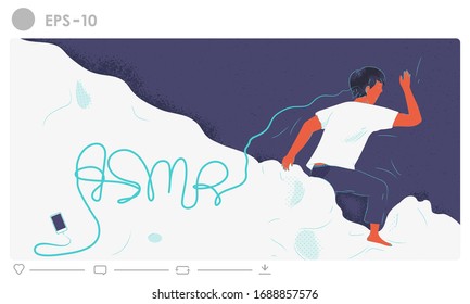 El concepto ASMR suena. Ilustraciones simplificadas. Escuche música para dormir y relajarse por la mañana. Vector de estilo dibujado a mano y simple diseño plano.