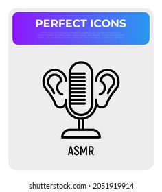 ASMR thin line icon: microphone and ears. Relaxation video with calming sounds. Modern vector illustration.