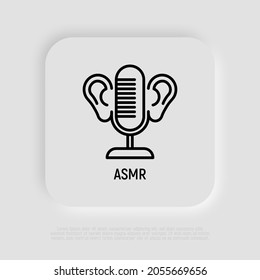 ASMR thin line icon: microphone and ears. Relaxation video with calming sounds. Modern vector illustration.