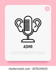 ASMR thin line icon: microphone and ears. Relaxation video with calming sounds. Modern vector illustration.