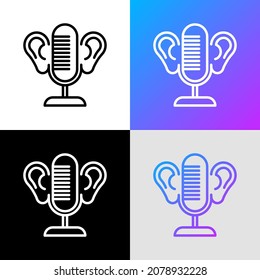 Icono de línea delgada ASMR: micrófono y orejas. Video de relajación con sonidos tranquilizadores. Ilustración vectorial moderna.
