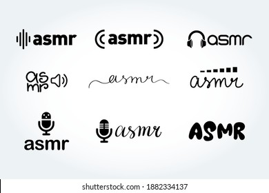 Conjunto de logotipos de vector ASMR. Iconos vectores de micrófono de sonido Asmr. Sonido de contorno en la señal de ensamblador de micrófono. Ilustración de símbolo de contorno aislado