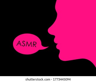 ASMR - woman silhouette and speech baloon with text. Gentle whispering as pleasant audio and sound. Vector illustration. 