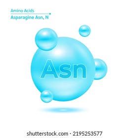 Asparagine (Asn) amino acid capsules vitamins complex minerals. 3D Model of molecule blue isolated on white background. For food supplement ad package design. Science medic concept. Vector EPS10.