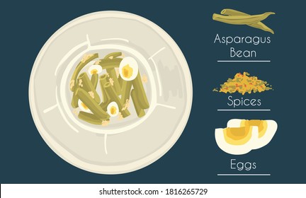 Asparagus bean dish recipe with eggs, useful vegetables on a plate, vector hand-drawn illustration