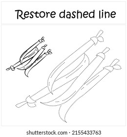 Asparagus beans. Repair the dotted line. Handwriting practice. Vegetables in contours. Educational game for toddlers and preschoolers. Cartoon style. Isolated vector illustration, eps