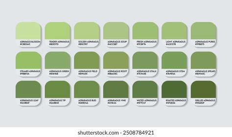 Paleta de Cores de Espargos, Paleta de Guia de Cores Verde de Espargos com Nomes de Cores. Catálogo Amostras de cores de metal verde com códigos RGB HEX. folha de revestimento Cor verde, moda Tendência Aspargos Cor Tom