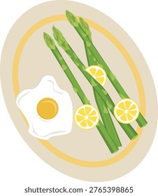 Asparagus with Egg and Lemon Vector Illustration – Fresh Green Asparagus Spears Minimal Composition for Cooking, Healthy Recipes and Restaurant Menu Design Isolated 