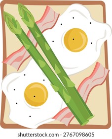 Asparagus with Eggs, Bacon and Toast Vector Illustration – Healthy Breakfast or Brunch Meal Plate, Green Asparagus Spears with Fried Eggs and Bacon 