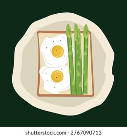 Asparagus with Eggs and Toast Vector Illustration – Healthy Breakfast or Brunch Plate, Green Asparagus Spears with Fried Eggs, Cooking and Meal Design