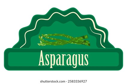 Asparagus green logo sticker. Classic label with green sparrow grass asparagus on green background. Ready design for packaging tag. Seasonal badge for your product.