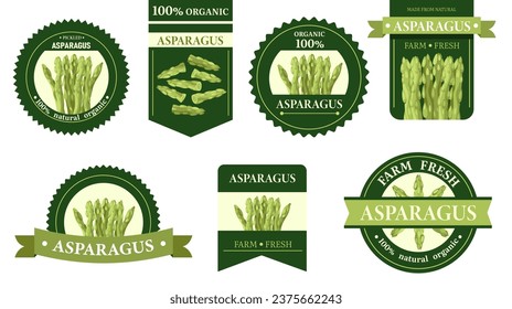 Asparagus label. Organic asparagus product sticker, vegetarian food symbols for packaging design, farm market concept. Vector flat set of organic food asparagus illustration