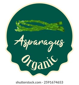 Asparagus label sticker. Classic label with green sparrow grass asparagus on green background.