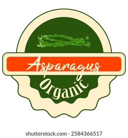 Asparagus logo sticker. Classic label with green sparrow grass asparagus on green background. Ready design for packaging tag. Seasonal badge for your product.