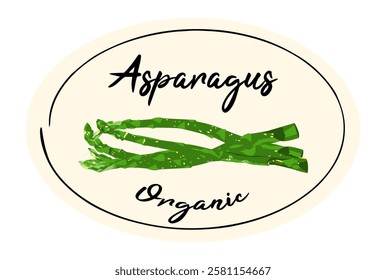 Asparagus oval logo sticker. Oval label with green sparrow grass asparagus on beige background. Ready design for packaging tag. Seasonal badge for your product.