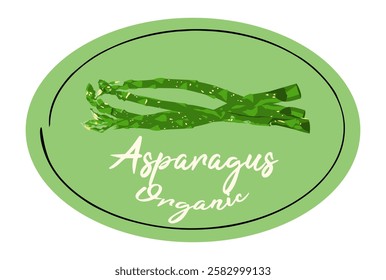 Asparagus oval logo sticker. Oval label with green sparrow grass asparagus on light green background. Ready design for packaging tag. Seasonal badge for your product.