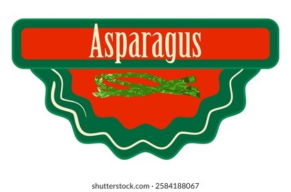 Asparagus red and green logo sticker. Classic label with green sparrow grass asparagus on red background. Ready design for packaging tag. Seasonal badge for your product.