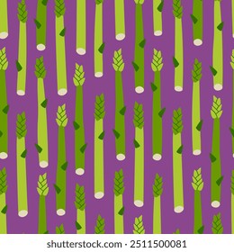 Padrão sem emenda do espargo. Fresco roxo e verde primavera vegetal impressão para cozinha, menu, design de pacote de alimentos. Ilustração de vetor plana desenhada à mão. Produto orgânico saudável bonito.