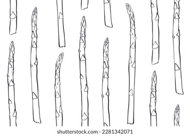 Asparagus seamless pattern. Green asparagus sprouts hand drawn lineart monochrome background. Branches of asparagus silhouette. Healthy food, natural food, diet background for packaging, banner.