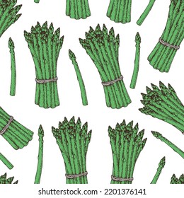 Asparagus Seamless Pattern. Hand Drawn Background. Vector Illustration. Hand Drawing Illustration. Asparagus Vegetable Hand Drawn Backdrop.