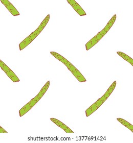 Asparagus seamless pattern for wallpaper design. Fresh ripe color food. Organic healthy vegetable.  Raw, vegan, vegetarian food. Cartoon pattern on white backdrop. Vector doodle design. 