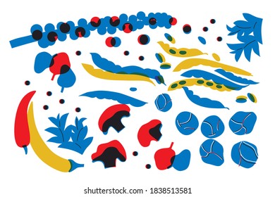 Asparagus, spinach, pepper, broccoli, greens, spinach, mushrooms. Abstract modern vegetables vector illustration. Autumn harvest.  Can be use for restaurants menu, cover, packaging.