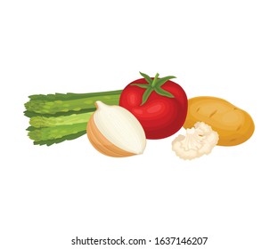 Asparagus and Tomato Vegetables Isolated on White Background Vector Composition