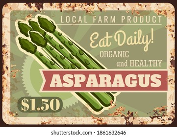 Asparagus Vegetable Metal Plate Rusty, Farm Food Products, Vector Retro Poster. Vegetables Market Shop Price Menu Sign For Organic Natural Asparagus, Salad And Cooking Veggies, Metal Plate With Rust