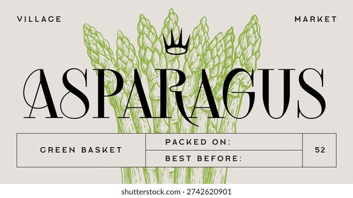 Asparagus, vegetable. Tag, label, sign, vintage retro print, black white asparagus drawing, sketch ink pencil draw, engrave old school style. Sketch artwork silhouette asparagus. Vector Illustration