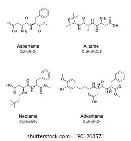 Aspartame with analog Alitame, Neotame and Advantame, chemical formulas and skeletal structures. Artificial sweeteners, sugar substitutes, food and beverage additives. Illustration over white. Vector.