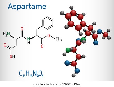 Aspartame, APM, molecule. Sugar substitute and E951. Structural chemical formula and molecule model. Vector illustration
