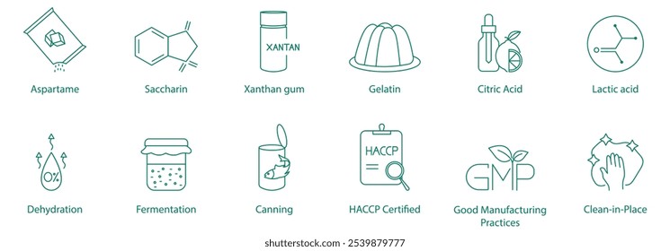 Aspartame, Sacarina, Goma xantana, Gelatina, Ácido cítrico, Ácido lático, desidratação, fermentação, conservas, certificado HACCP, boas práticas de fabricação, conjunto de ícones de vetor limpo no lugar