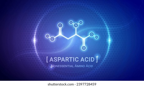 Aspartic Acid, Amino Acid Chemical Structure, Organic Compound, Molecule, Chemistry, Biology, Medical, Nutrition Futuristic Hologram Neon Glow Bright Translucent Backdrop Background Illustration