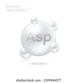 Aspartic acid (Asp) amino acid capsules vitamins complex minerals. 3D Model of molecule grey isolated on white background. For food supplement ad package design. Science medic concept. Vector EPS10.