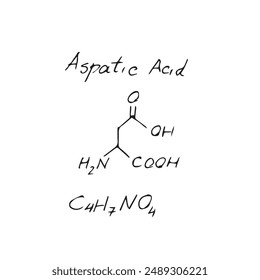 Aspartic Acid C4H7NO4 molecule formula. Hand drawn imitation of aspartic acid structural model, chemistry skeletal formula, sketchy vector symbol