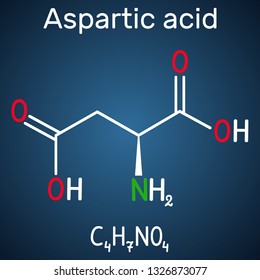 Aspartic acid (L- aspartic acid, Asp, D, aspartate) proteinogenic amino acid molecule.  Structural chemical formula on the dark blue background. Vector illustration 

