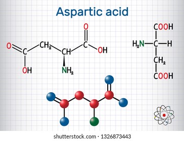 Aspartic acid (L- aspartic acid, Asp, D, aspartate) proteinogenic amino acid molecule.  Sheet of paper in a cage. Structural chemical formula and molecule model. Vector illustration 