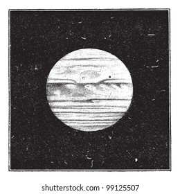 Aspect of Jupiter in December 1885 with a satellite passing the disc, vintage engraved illustration. Dictionary of words and things - Larive and Fleury - 1895.