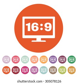 The aspect ratio 16:9 widescreen  icon. Tv and video symbol. Flat Vector illustration. Button Set