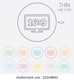 Aspect ratio 16:9 widescreen tv sign icon. Monitor symbol. Thin line circle web icons with outline. Vector