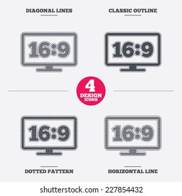 Aspect ratio 16:9 widescreen tv sign icon. Monitor symbol. Diagonal and horizontal lines, classic outline, dotted texture. Pattern design icons.  Vector