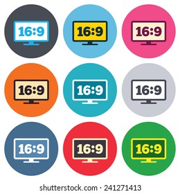 Aspect ratio 16:9 widescreen tv sign icon. Monitor symbol. Colored round buttons. Flat design circle icons set. Vector